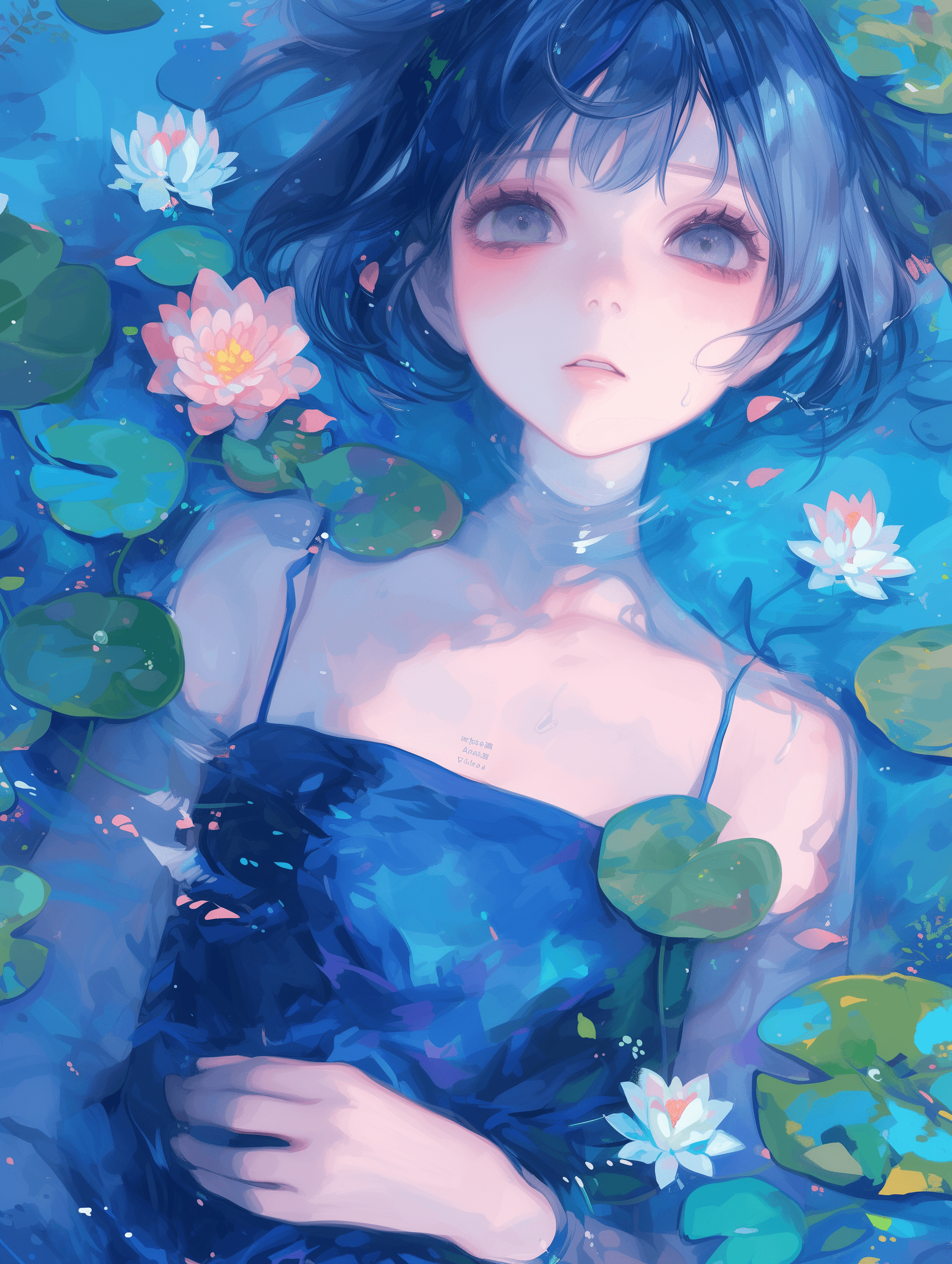 AI generated: shorthaired anime girl, wearing a low-collar blue dress, grey eyes, with lotus flowers and water lil...