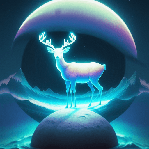 AI generated: A deer standing on a moon shaped object in the sky and dreaming of electric sheep, blurry and dreamy...