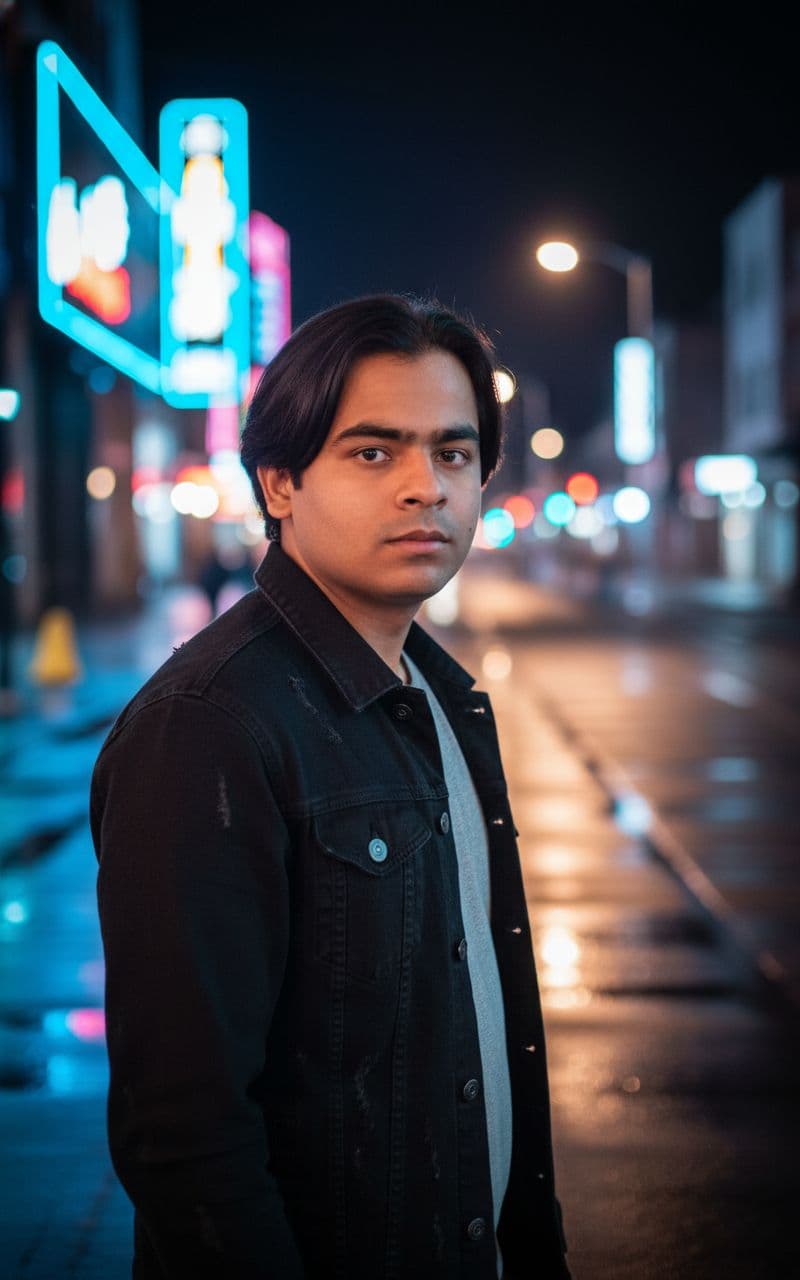 AI generated: A young male model standing under vibrant city night lights. He wears a stylish black denim jacket o...