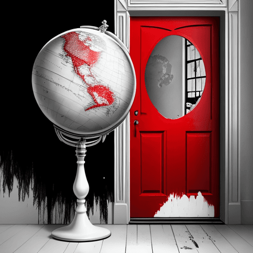 AI generated: a red door in a colorless globe. surreal. color splash art with the door.
