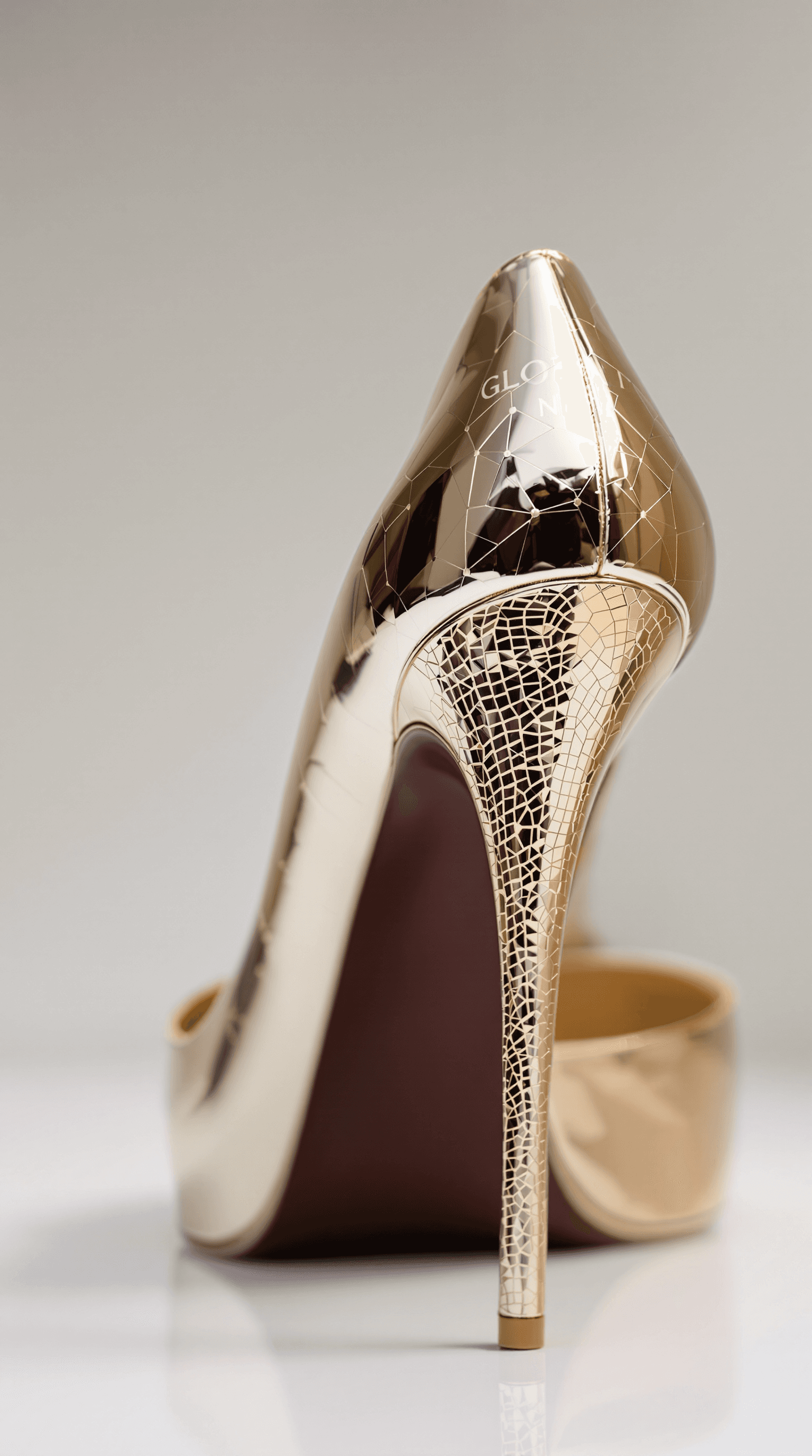 AI generated: sexy extrem high high heel in color gold, on the high heel is the logo "GLOBAL NIGHT"