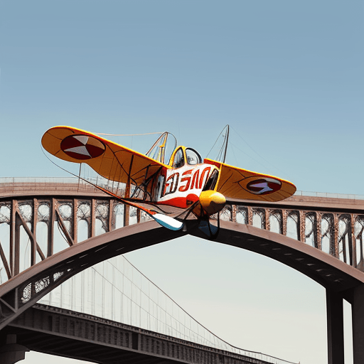 AI generated: Air Circus racer biplane, stunt flight passing under a bridge, style of Streamline Moderne, historic...