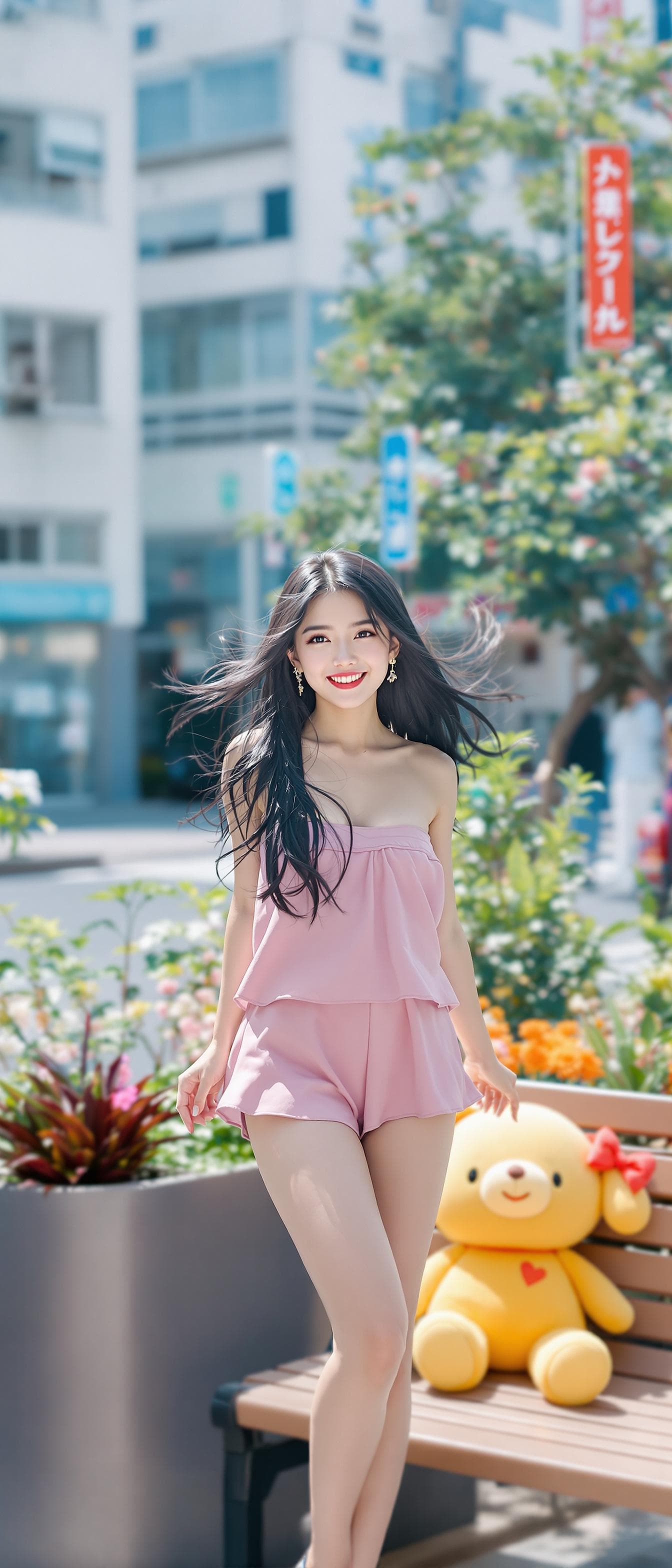 AI generated: a woman, indonesian woman, outdoors, city, tokyo, street view, building city, standing, black hair, ...