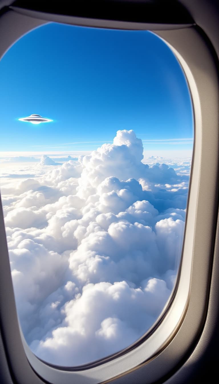 AI generated: view from inside a passenger plane, white clouds and a UFO are visible through the seat from the pla...