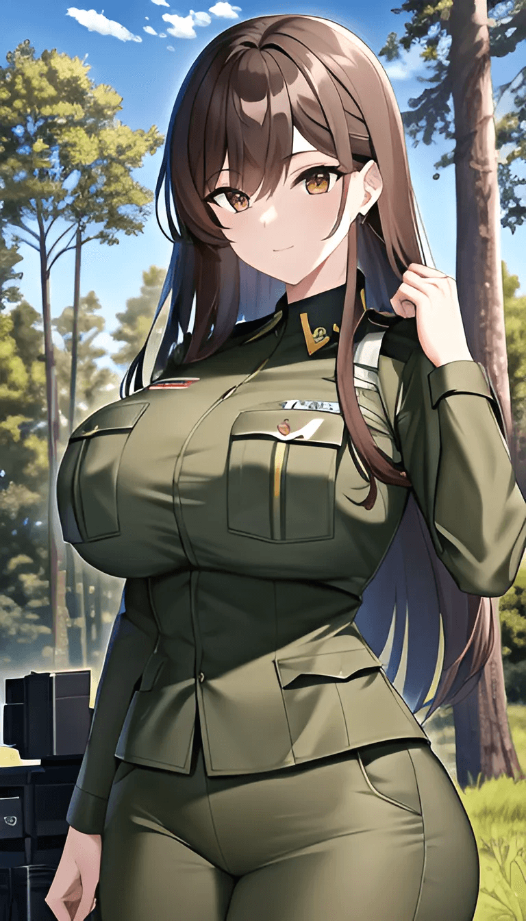 AI generated: perfect anime quality, (beautiful:1.2), school, (brown hair, soldier, united states army, military),...