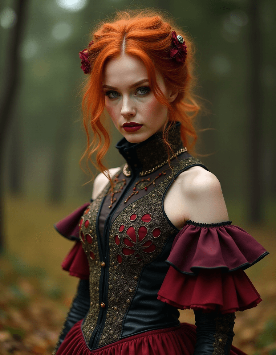 AI generated: A beautiful redhead female country artist wearing a steampunk-inspired layered gown. She has clean m...