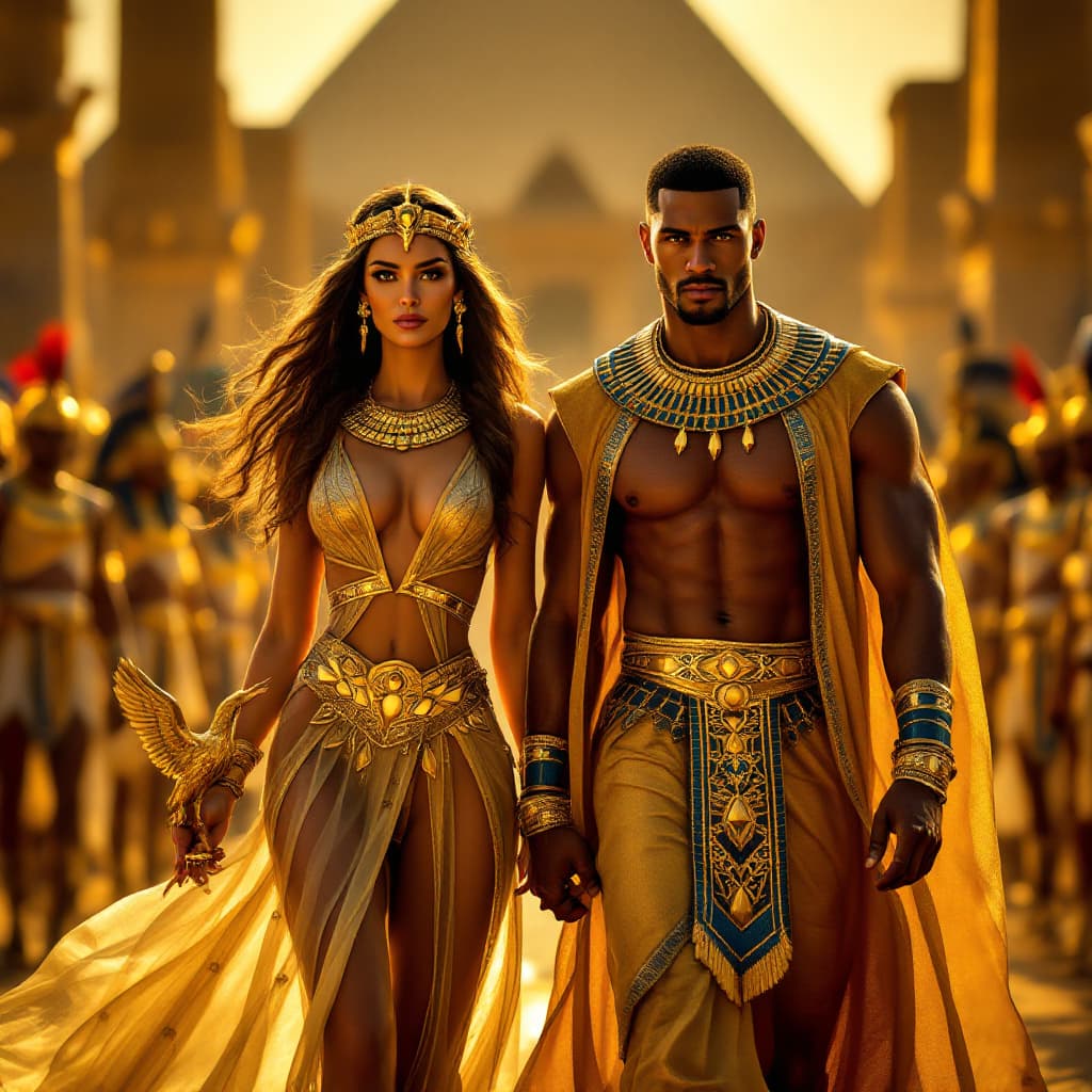 AI generated: An Egyptian man and woman walking side by side in a royal parade. The woman has golden skin and long...