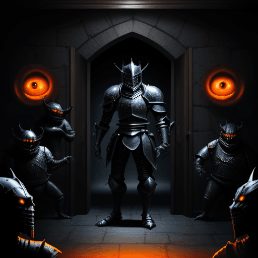 AI generated: black knight in a darck room. with monsters surrounding him. glowing orange eyes all arownd him