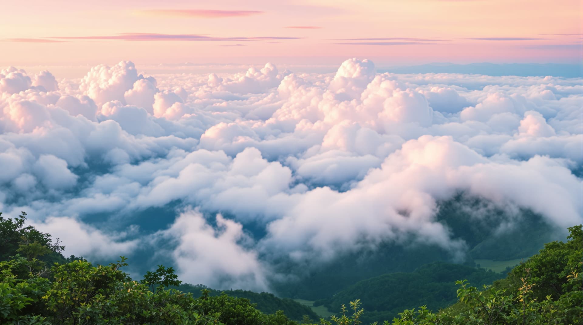 AI generated: A breathtaking valley landscape, where white clouds graduate into soft hues, greets the viewer with ...