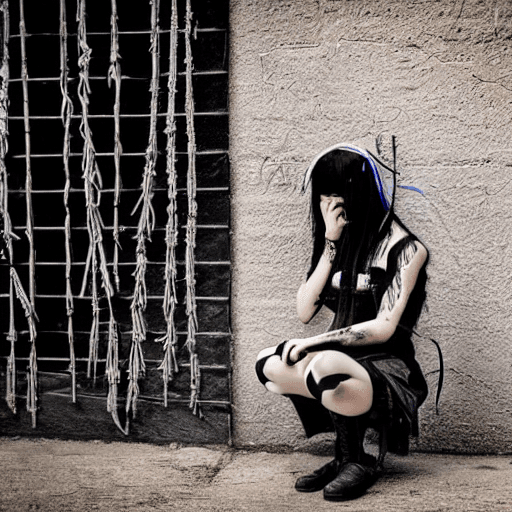 AI generated: a girl kneels down behind a wall holding a sword, in the style of cybergoth, red threads, midwest go...