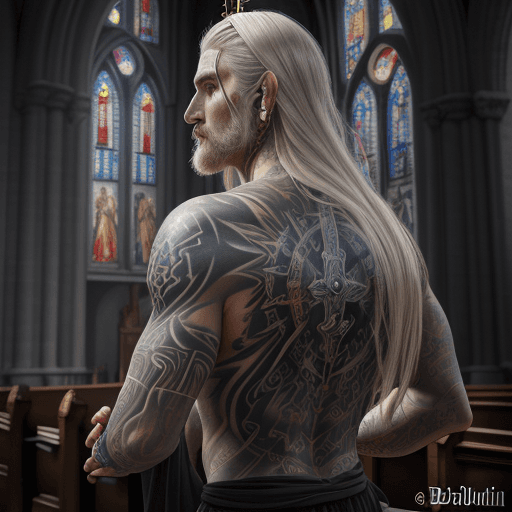 AI generated: Photo of a ultra realistic tattoo, balduin the kingdom of heaven, hyperrealistic, color, church

