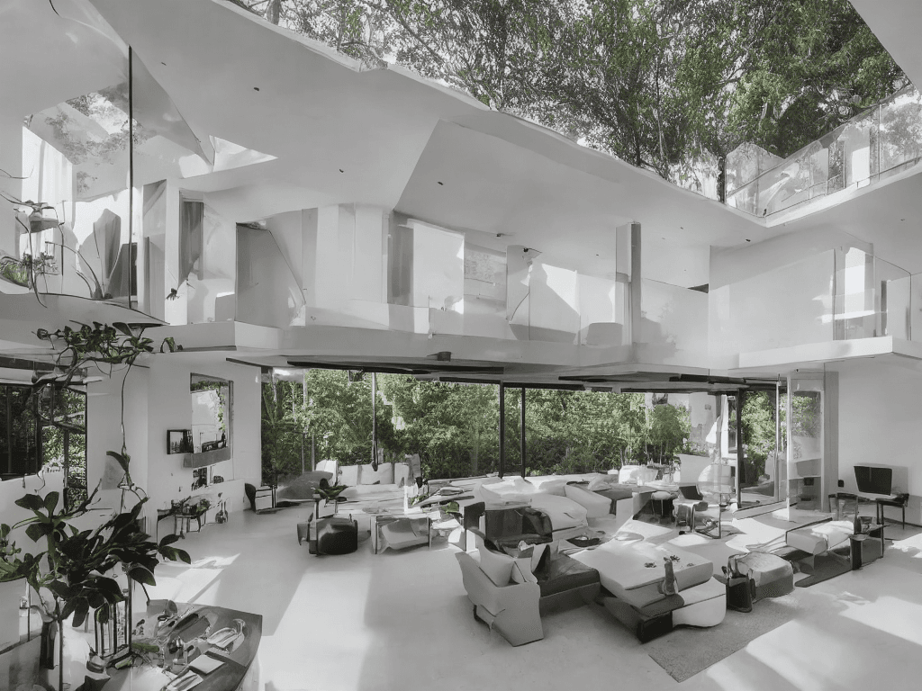 AI generated: 8 meters long and 1.6 meters wide balcony, floor-to-ceiling windows, three-tier flower shelves, loun...