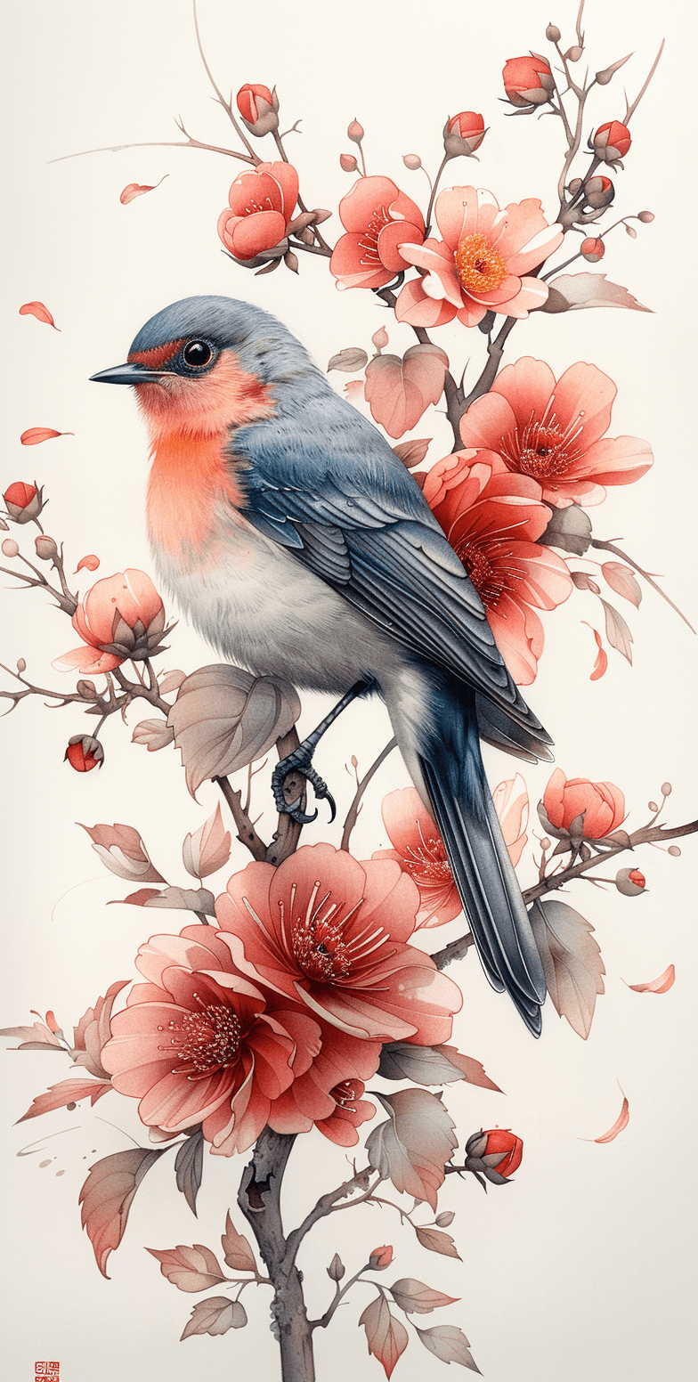 AI generated: a pencil drawing of bird sitting on top flowers, tattoo design, white background, hyper-realistic --...