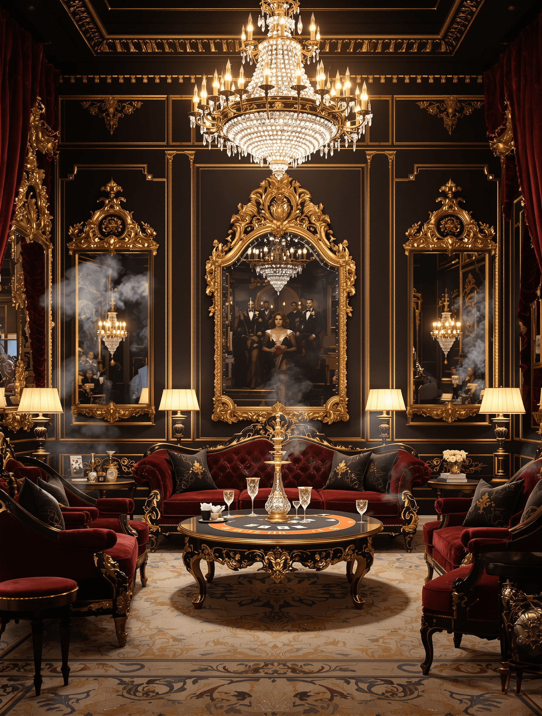 AI generated: 
Create a grand, opulent poster for The scene is a lavish Rococo/Baroque-inspired living room with d...