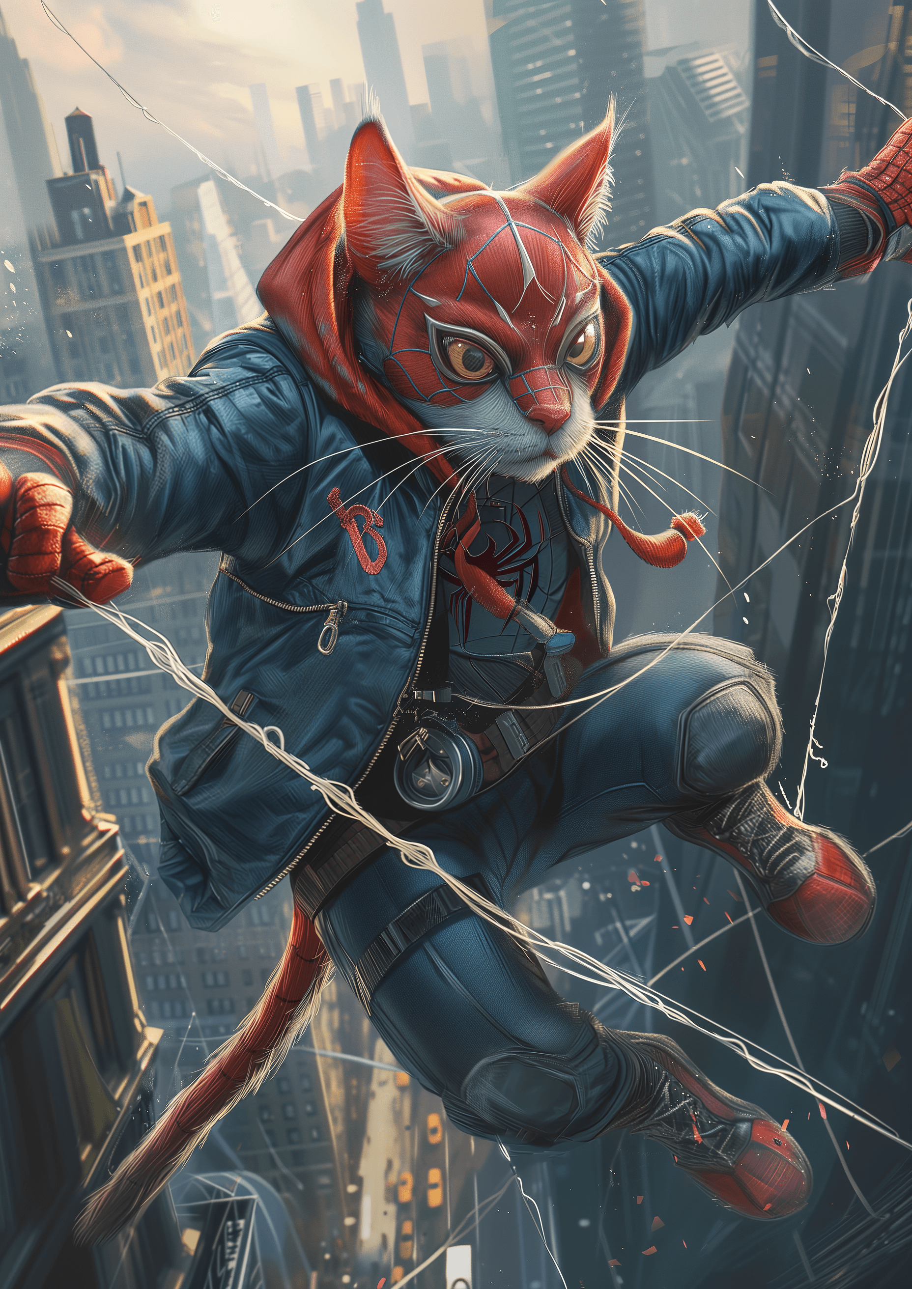 AI generated: the amazing spidercat, superhero, cat dressed in spiderman costume flying over new york city with hi...