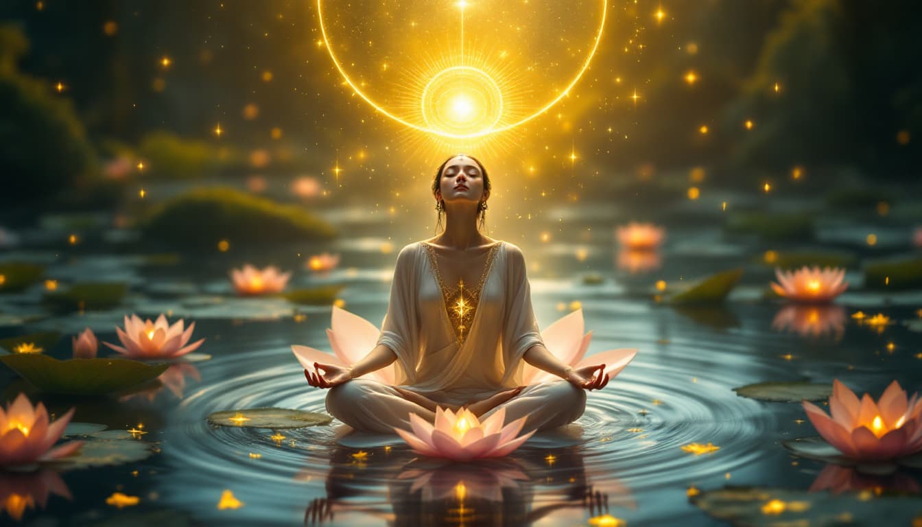 AI generated: sakti in lotus flower in ocean
 in zen meditation in forest ,serenity,surrounded by divine light in ...