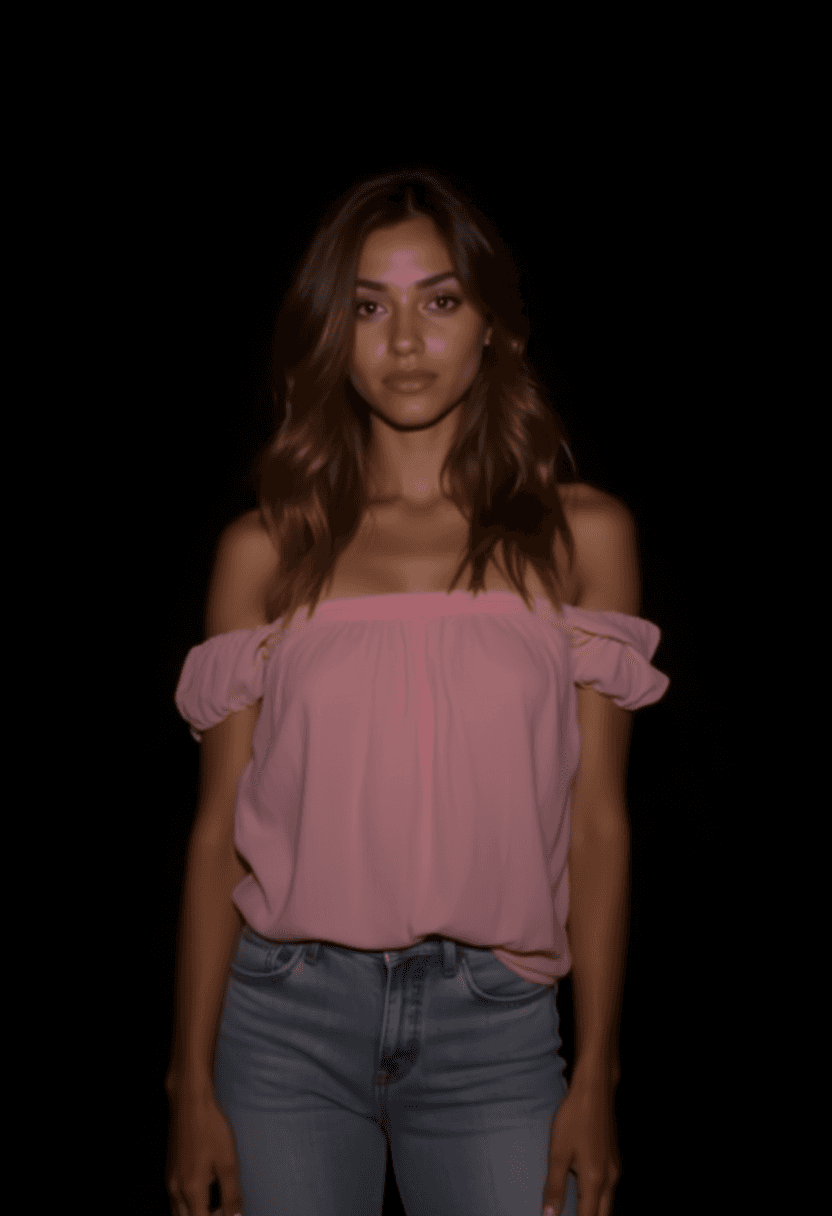 AI generated: A young woman with olive skin and loose, wavy brown hair stands in a stark black studio, wearing a p...