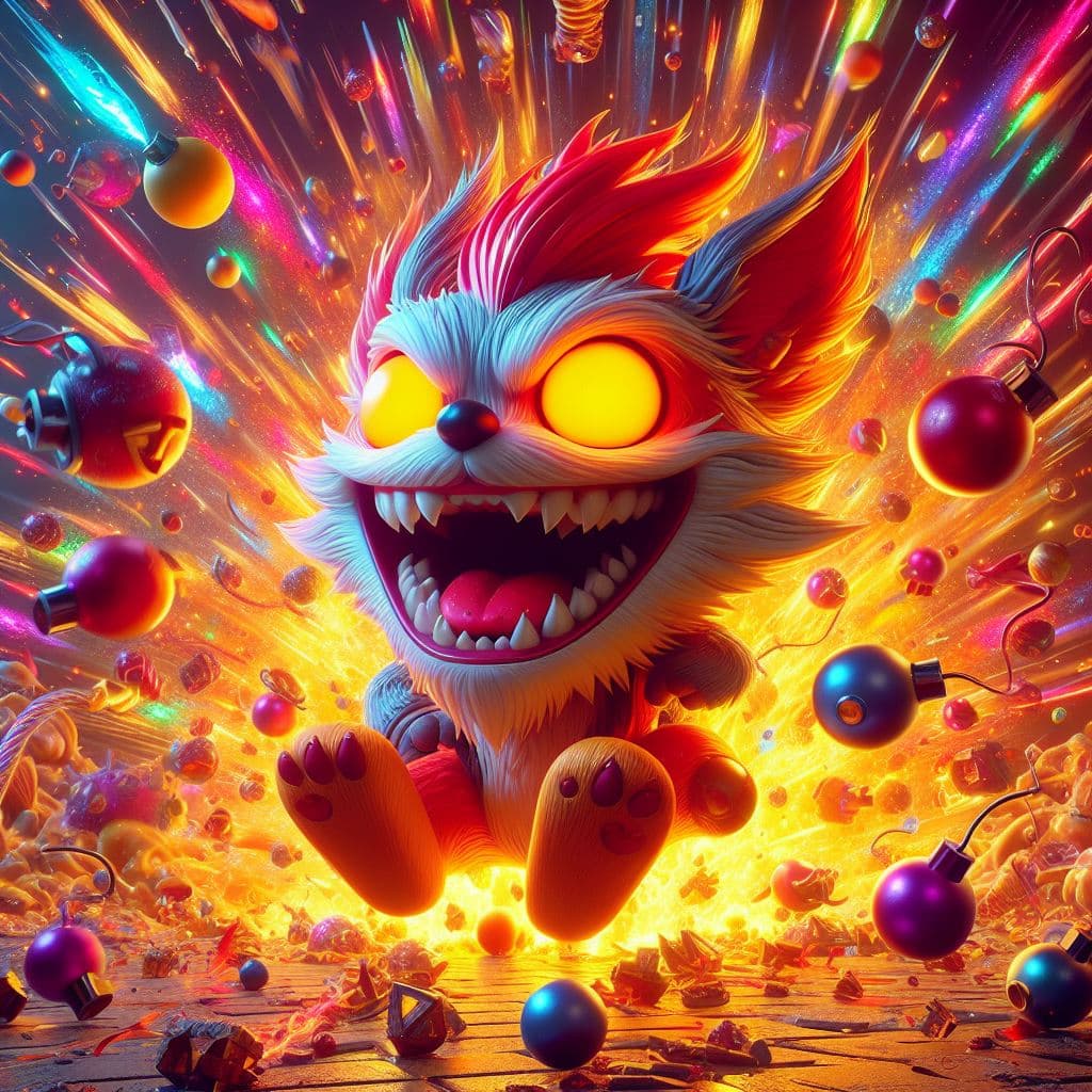AI generated: Imagine an explosive 3D rendering featuring Ziggs from League of Legends. Immerse Ziggs in a chaotic...