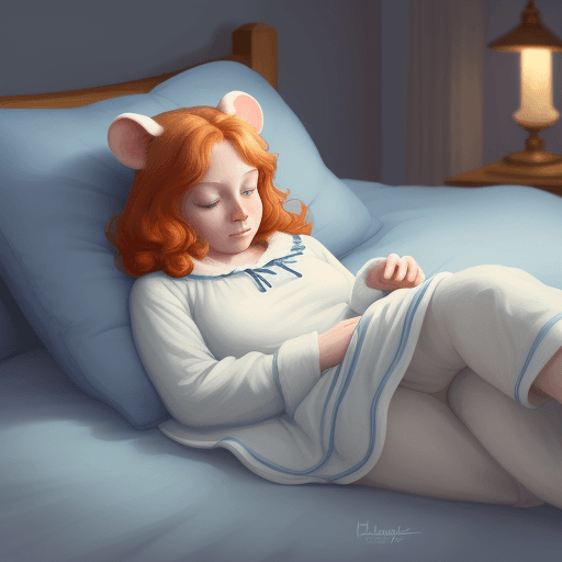 AI generated: ginger hamster curled up in bed wearing traditional 1800 blue and white nightwear including night ca...