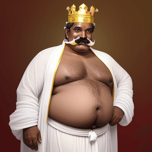 AI generated: A jolly, middle-aged Kerala man with a large mustache and a crown on his head, has a fat stomach, we...