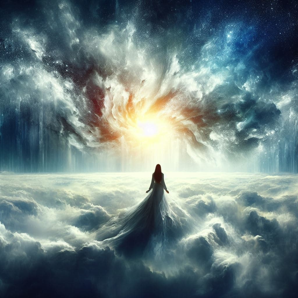 AI generated: A women thats being summoned to a different world, surreal, magnificent, amazing, mysterious