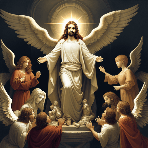 AI generated: Jesus triumphant with the angels and expelling the devil from heaven