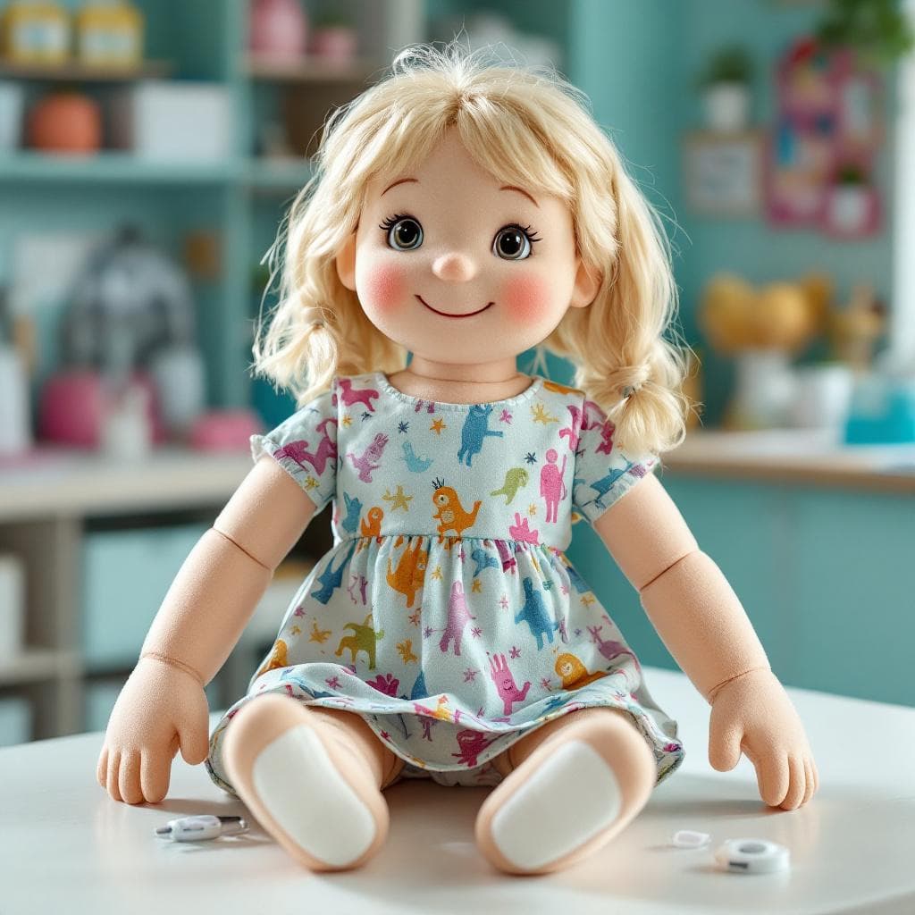 AI generated: A 50 cm tall educational rag doll designed for children to learn about blood tests. The doll has a s...