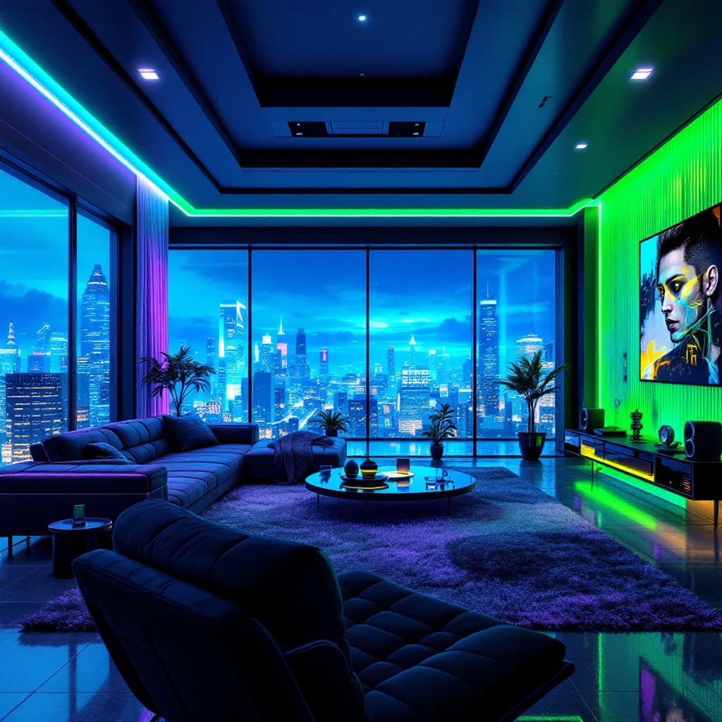 AI generated: cyberpunk living room, glowing accents, futuristic design, blue, green and purple hues, sleek furnit...
