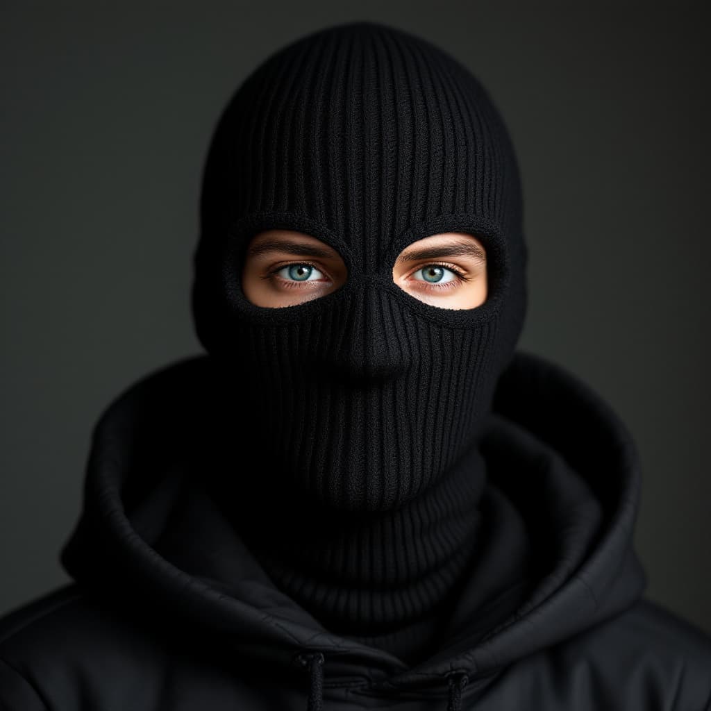 AI generated: a black ribbed knit skimask, two holes for the eyes, one hole for the mouth