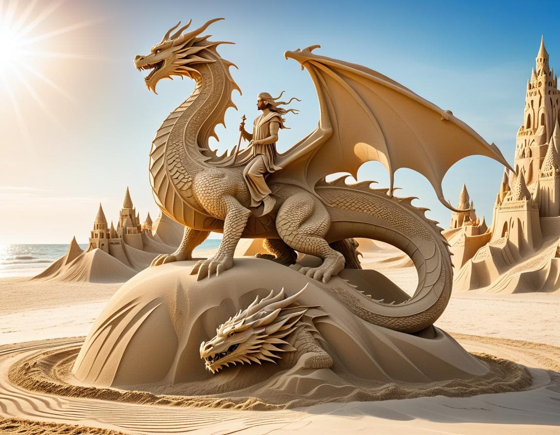 AI generated: ( made of sand full body "sorcerer" sand sculpture on the beach, on top of a sand sculpture dragon, ...