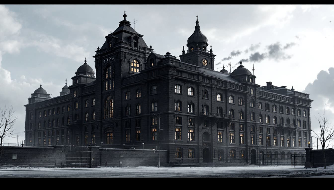 AI generated: (6-story:2.2) grand building, black exterior brick walls, prison atmosphere, bars on windows, gated,...