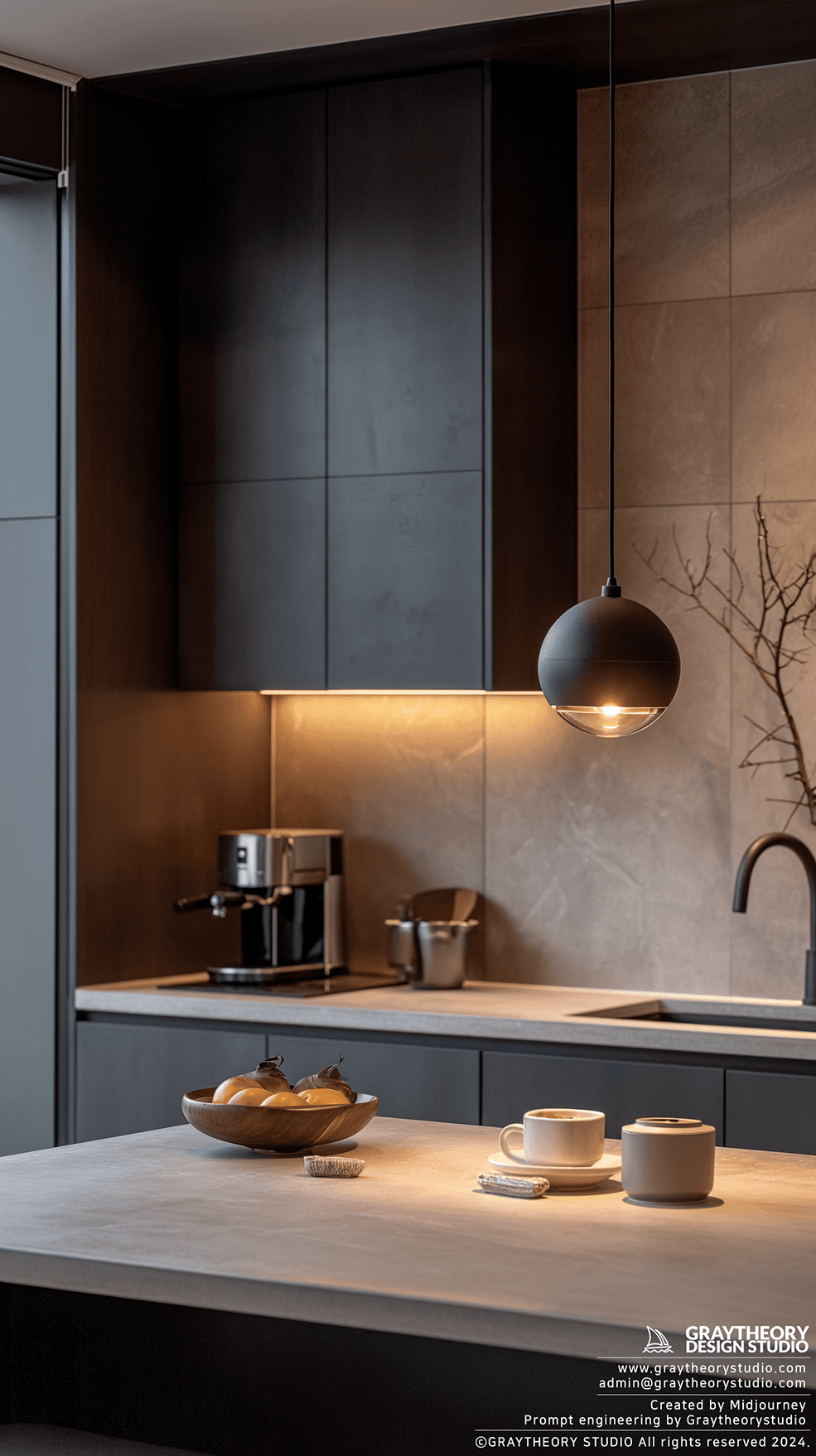 AI generated: modern kitchen in the pre-dawn light, sleek white tile and matte white finishes, with a beige, and m...