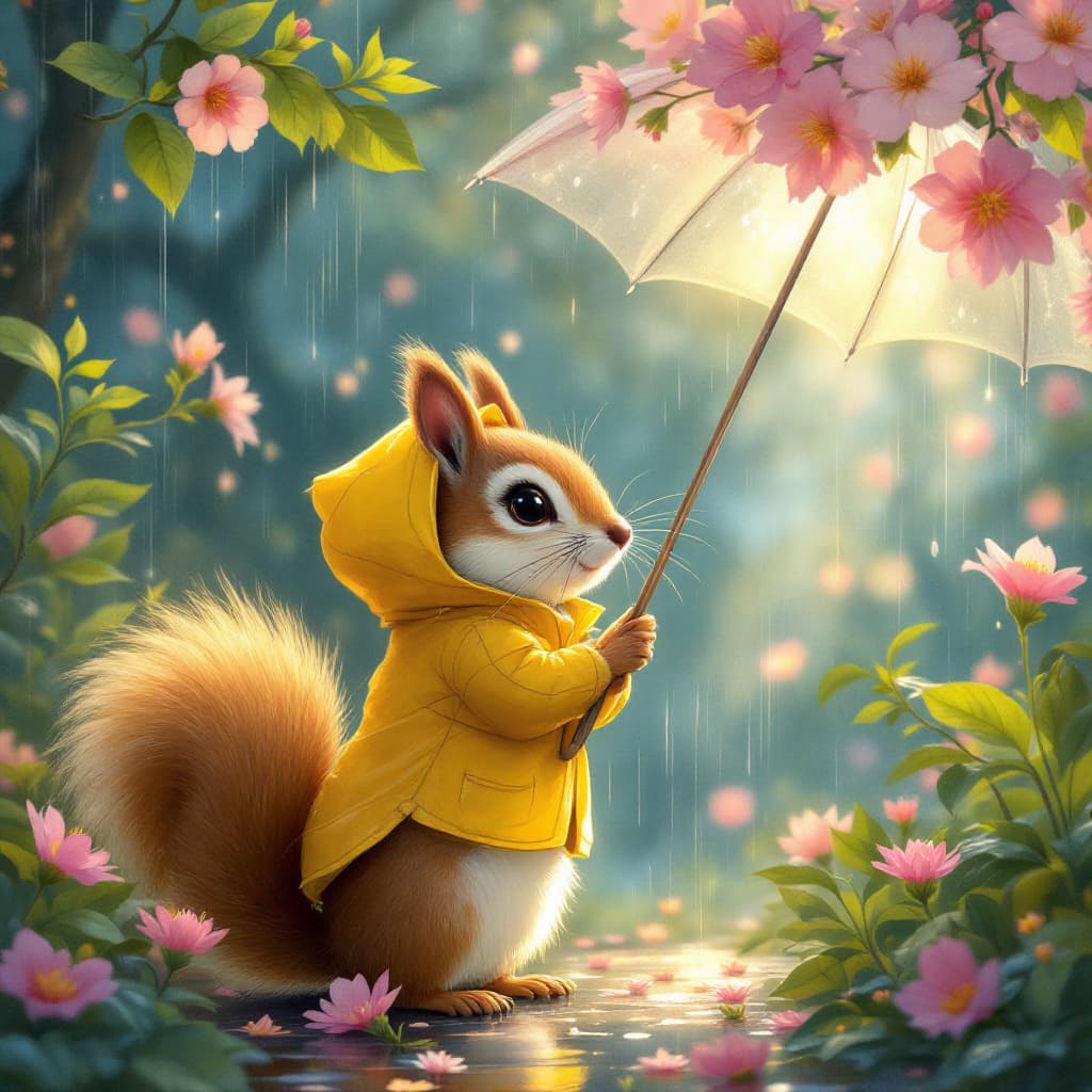 AI generated: Squirrel in a bright yellow raincoat with hood, standing under a blooming umbrella, amidst a lush, v...