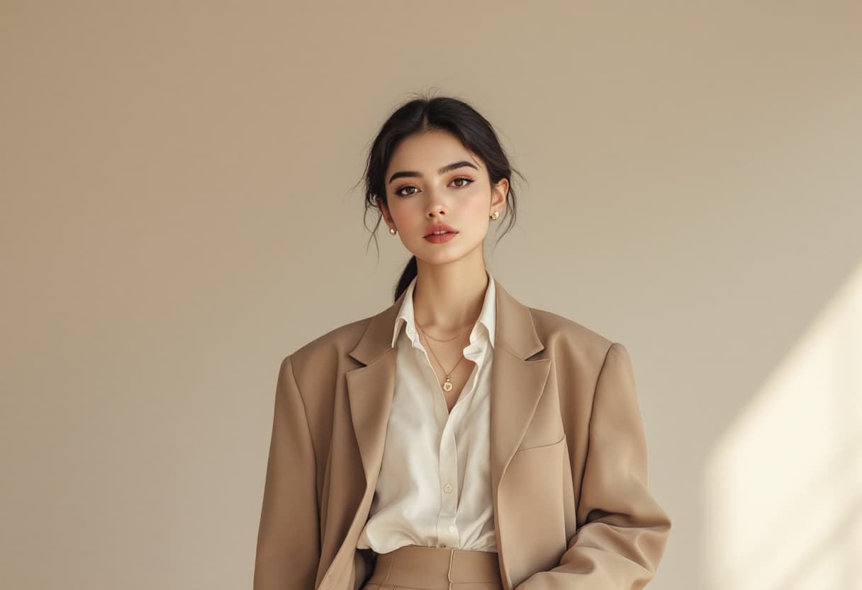 AI generated: A girl wears exquisite urban fashion clothes and stands calmly in a stylish studio. She wore a tailo...