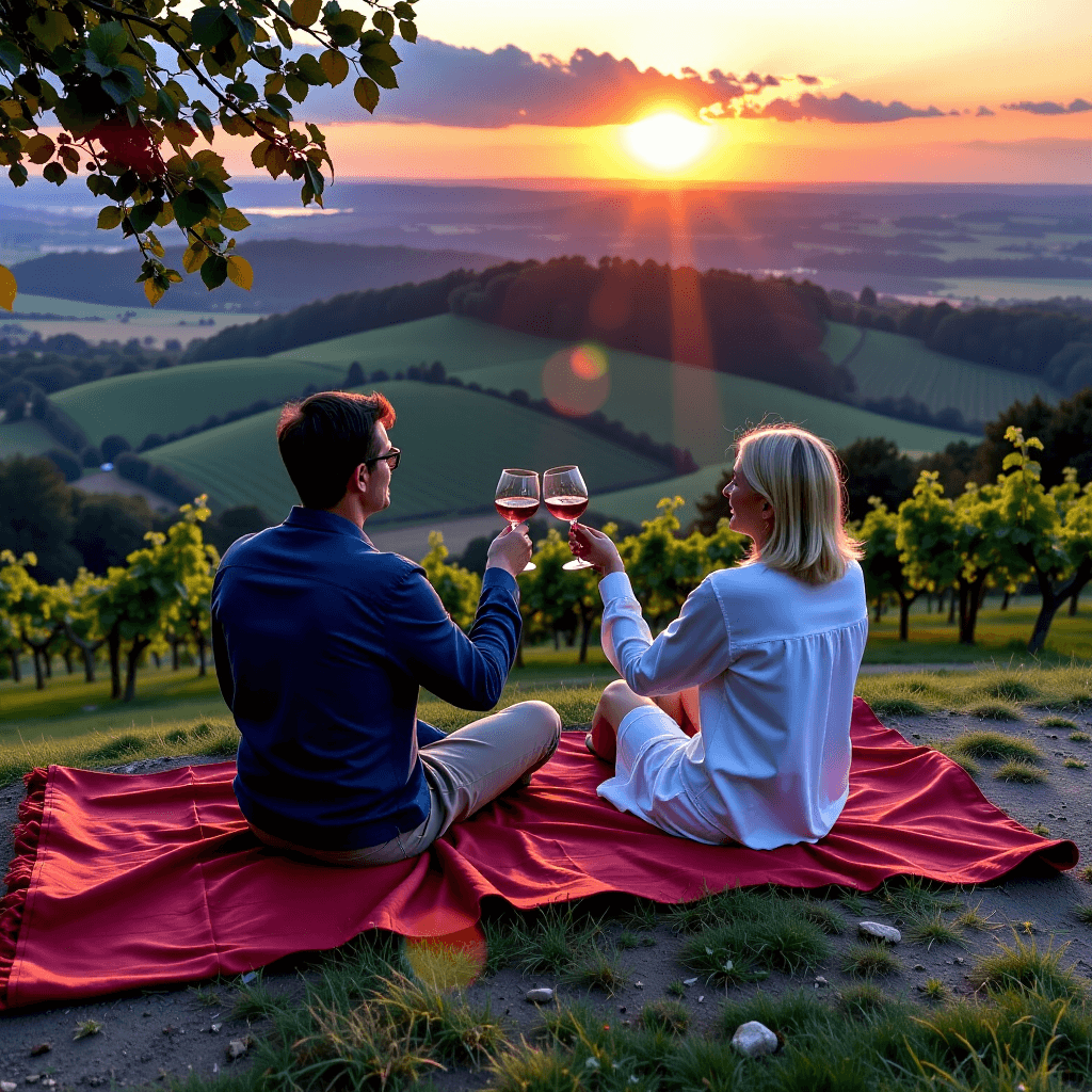 AI generated: Ein Paar teilt sich eine Decke auf einer Bank mit Blick auf die Weinberge bei Denzlingen im Sonnenun...