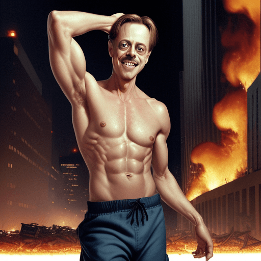 AI generated: steve buscemi but he has really ripped abs, shirtless, smiling really wide showing his entire mouth,...