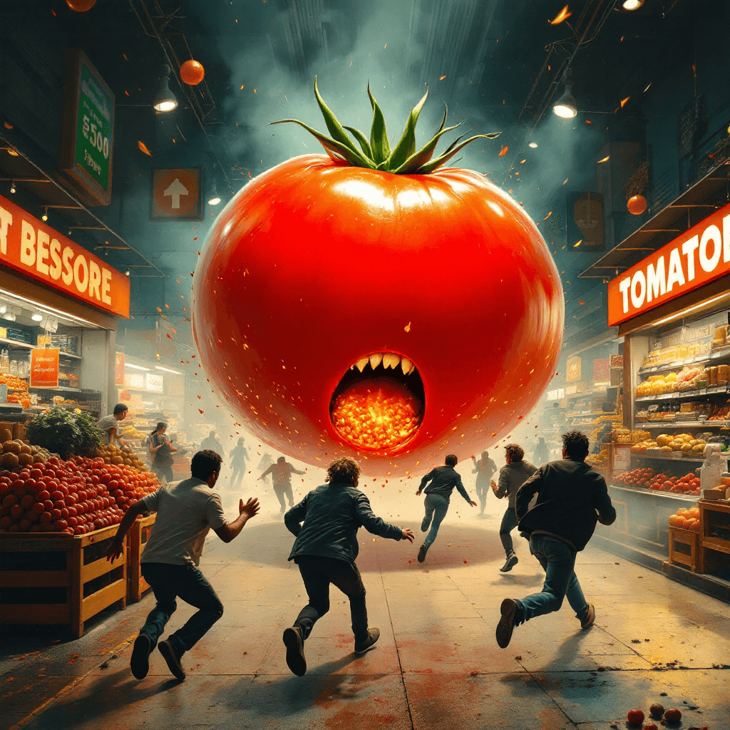 AI generated: a giant tomato on the ground chasing after people store ,  the customers are running away from it 
 ...