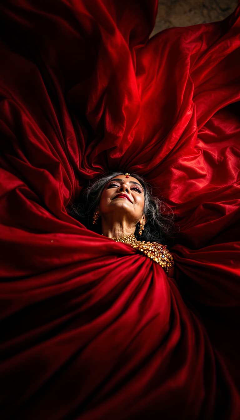 AI generated: Fashion photograph in the style of “bug’s-eye view” of a beautiful 45yo old Indian women wearing flo...