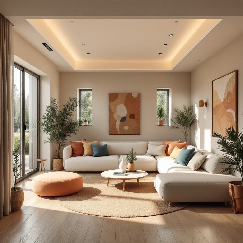AI generated: High resolution photography interior design, dreamy sunken living room conversation pit, wooden floo...