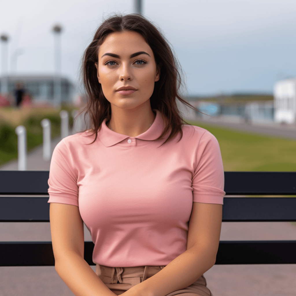 AI generated: Beautiful 21 years old woman with feminine curves and deepcut pink polo shirt, sitting on a bench, K...