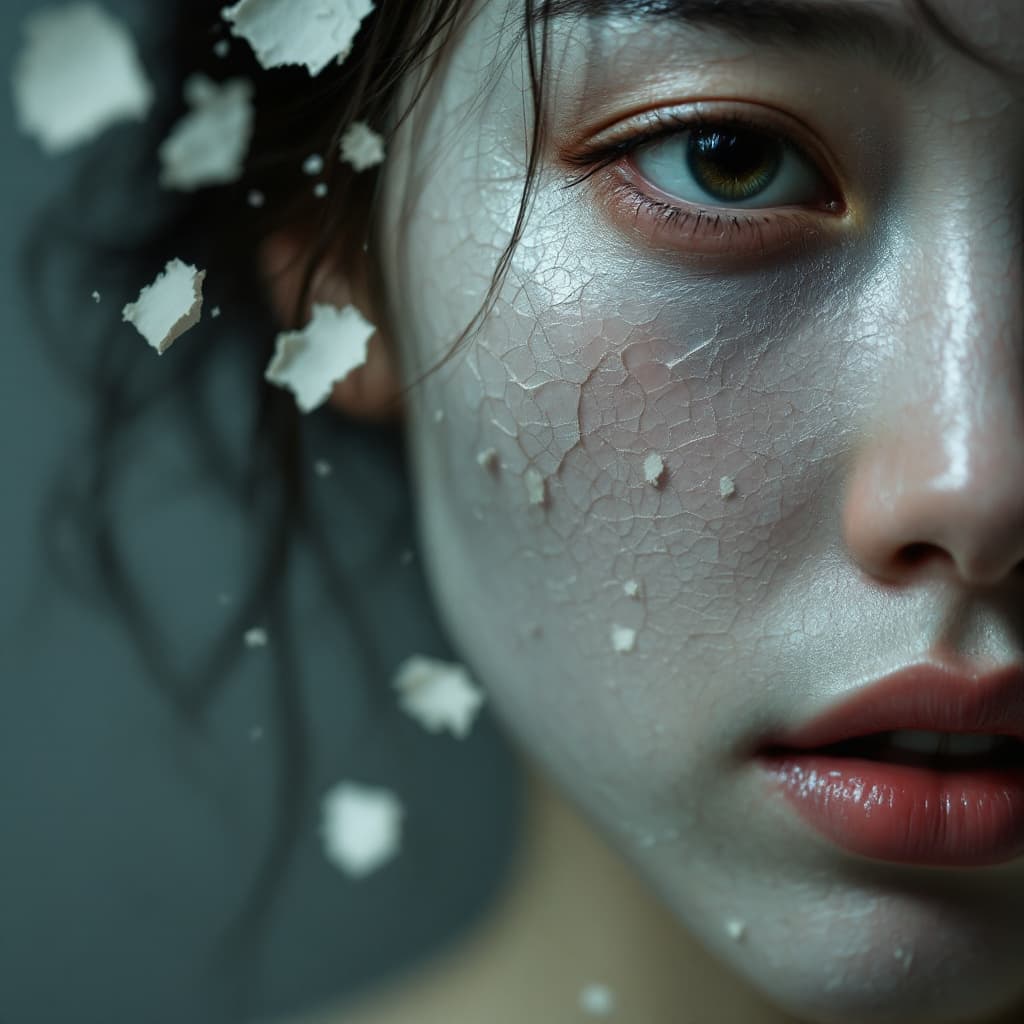 AI generated: beautiful japanese womans skin cracked like  damaged porcelian, pieces falling from her face and a t...