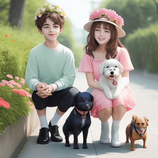 AI generated: Cute boy with a  cute girl and dog flower road 