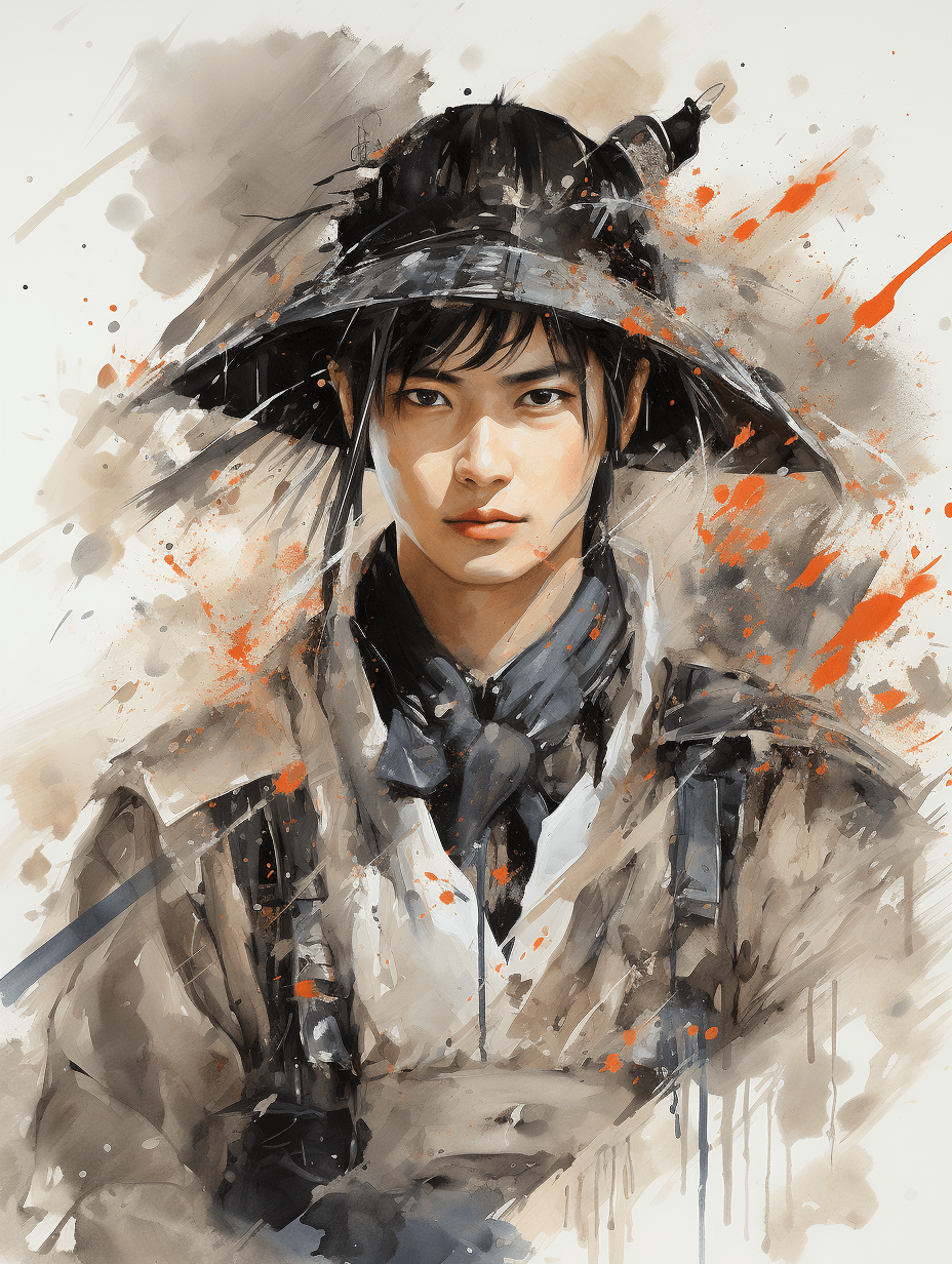 AI generated: in style of Wu Guanzhong, character chart,a Chinese young warrior character,Chinese martial arts cos...