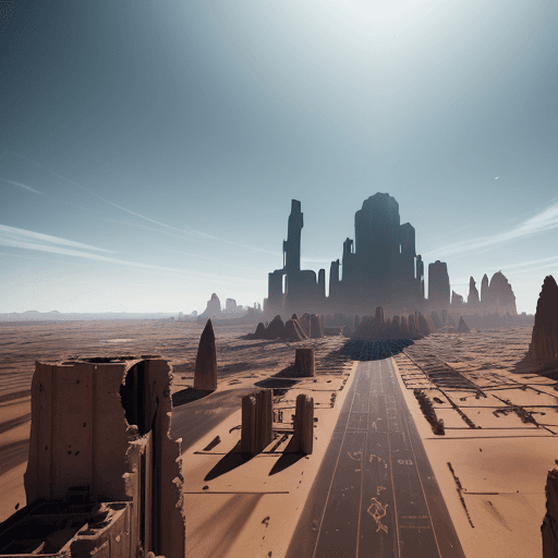 AI generated: Desert landscape, ruins of an advanced city on the left and right, colossal black tall elongated thi...