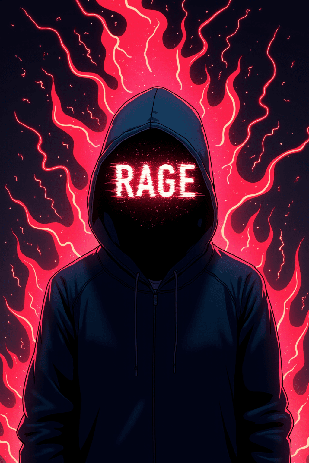 AI generated: A hooded figure stands before you, its face entirely consumed by the blinding neon word "RAGE," flic...