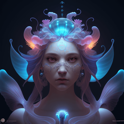 AI generated: Goddess close-up portrait ribcagel. jellyfish phoenix head, nautilus, orchid, skull, betta fish, bio...