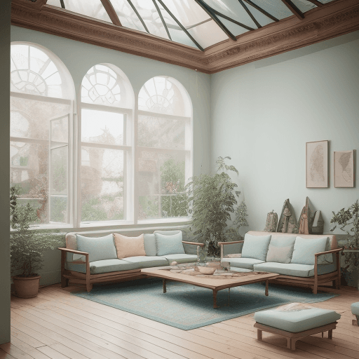 AI generated: High resolution photography interior design, dreamy sunken living room conversation pit, wooden floo...