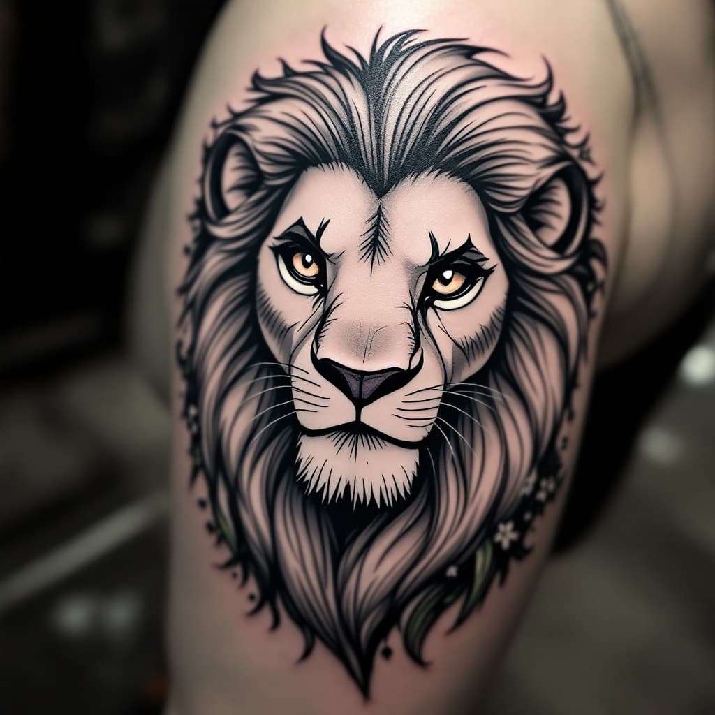 AI generated: tattoo, concept, the lion king, hakuna matata, black and white, lines, flowers