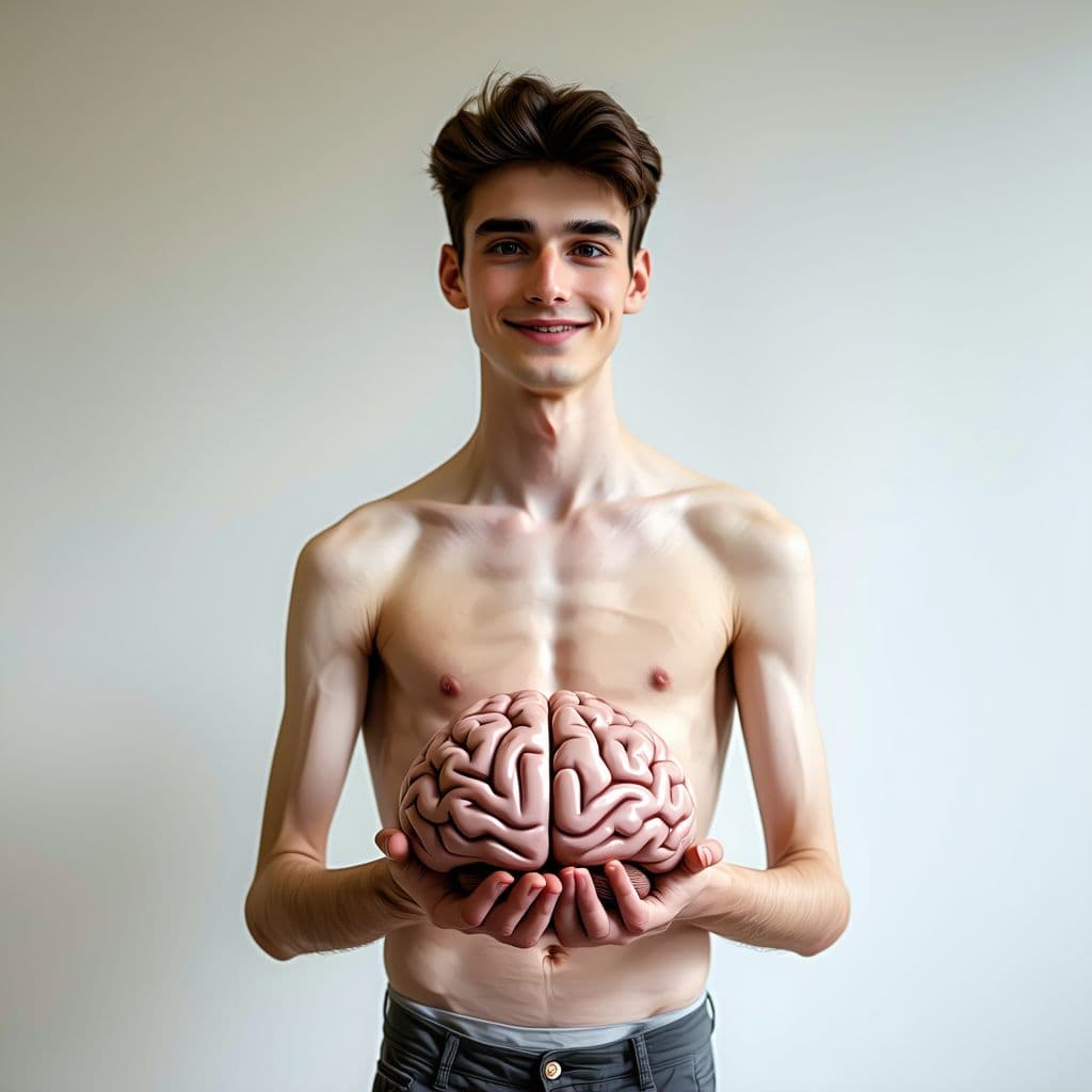AI generated: a very skinny college age guy easily holds a brain in his hands and presents it proudly to the camer...