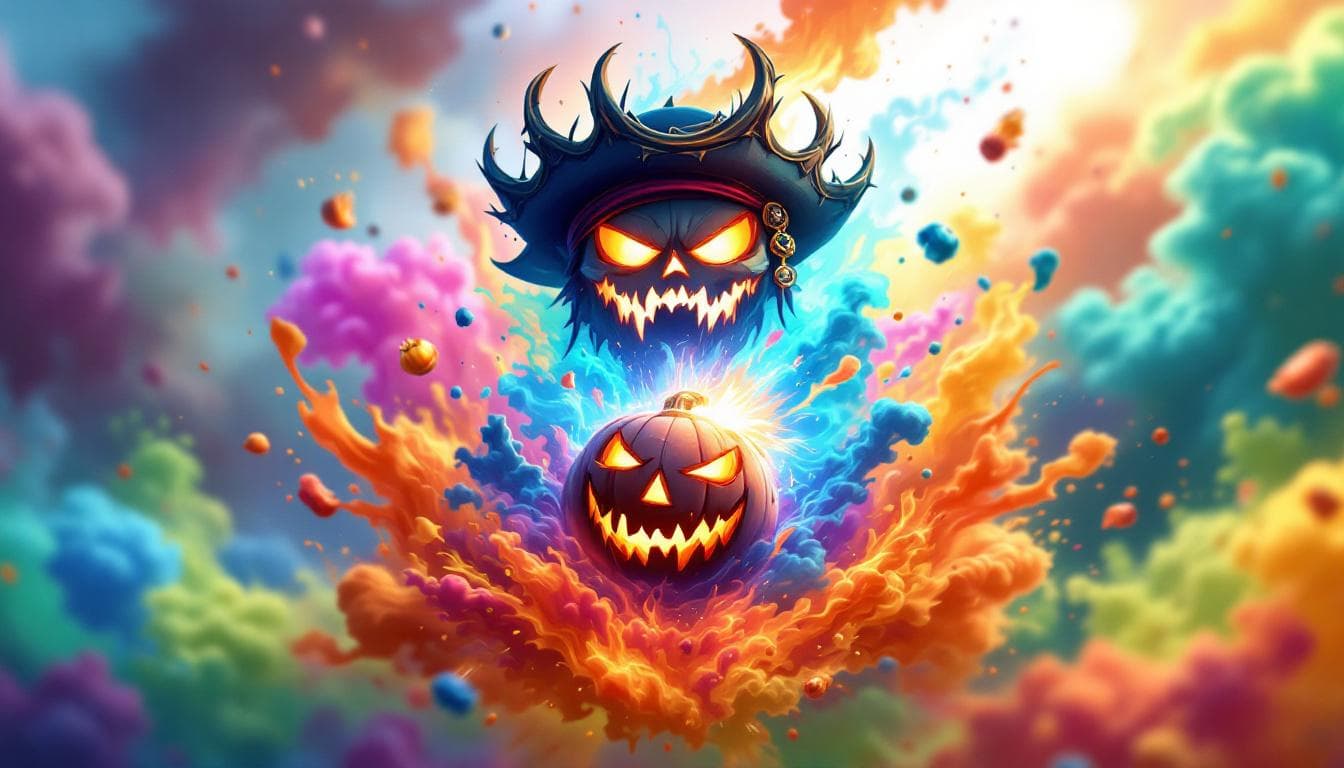 AI generated: Heraldic Steampunk Pirate Flag, featuring a glowing pumpkin crown of thorns, above a luminous fiery ...